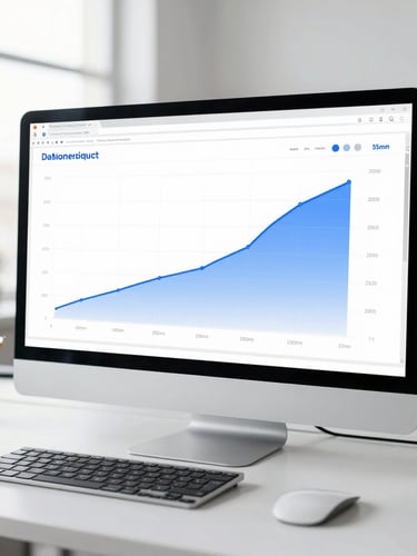 High-fidelity dashboard screenshot showing positive growth curves, clean modern workspace environment with cool blue accents, bright daylight, 35mm lens