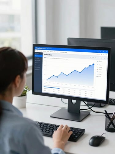 Over-the-shoulder shot of a digital marketing strategist analyzing a real-time Meta Ads dashboard with positive growth curves on a dual-monitor setup, bright modern office daylight, cool blue accents.