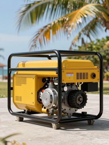 A heavy-duty yellow industrial generator positioned on a clean concrete pad, bright tropical sunlight, sharp professional commercial photography, 35mm.
