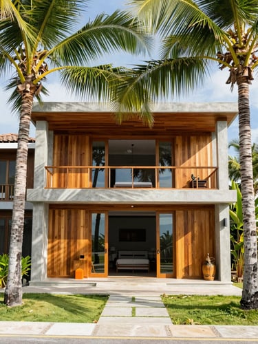 Bright tropical editorial photography of a modern luxury villa in Siargao, concrete and warm wood architecture, palm trees framing the shot, bright natural sunlight, 35mm.