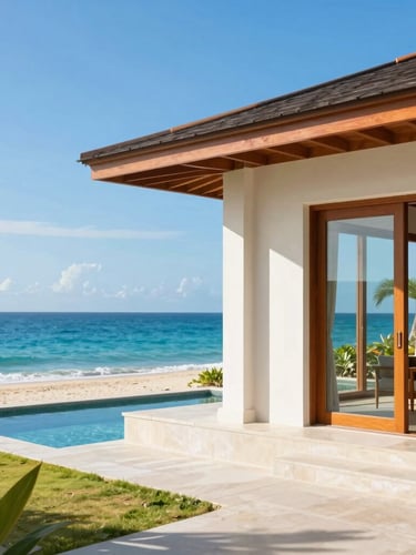 Bright tropical editorial photography, warm natural sunlight, a modern luxury beachfront villa in Siargao with clean architectural lines, vibrant blue ocean background, sharp focus, 35mm