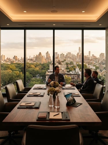 Elegante interior de oficina corporativa moderna con luz cálida, mesa de conferencias de madera oscura, sillones de cuero, ventanales con vista a un paisaje urbano arbolado, ambiente de prestigio y discreción.