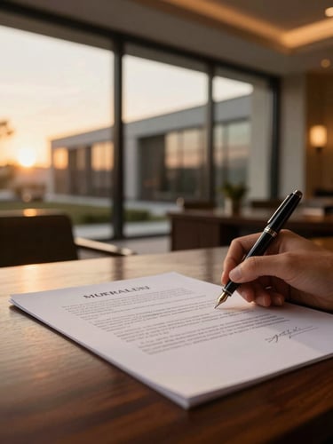 Close-up of a fountain pen signing a legal document on a dark mahogany desk, warm low-key interior lighting, shallow depth of field, no hands visible.