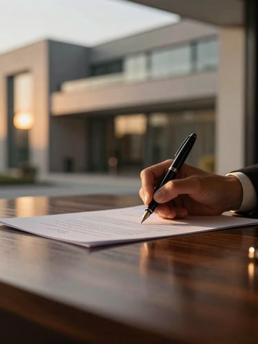 Professional photograph of a legal document being signed with a fountain pen on a dark polished wooden desk, subtle reflections, warm low-key lighting, shallow depth of field.