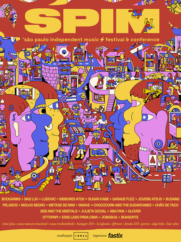 Arte do poster do SPIM Festival em colorido com desenhos diversos em um fundo vermelho.