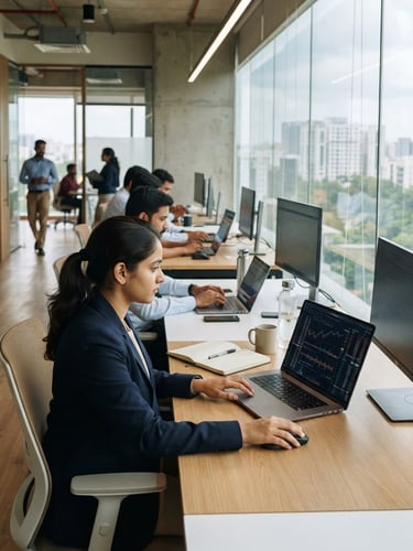 A bright, modern corporate office in Bengaluru, natural daylight streaming through large windows, clean desks with laptops showing financial charts, professional minimalist atmosphere, 35mm photography