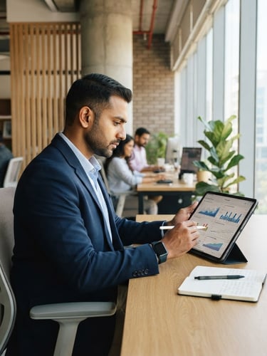Modern Indian workspace, professional analyzing data on a tablet, bright natural office light, architectural details, 35mm