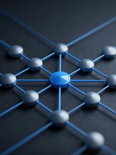 Abstract architectural diagram showing data flow and redundant nodes, cool blue lines on dark background, sharp focus, high-contrast