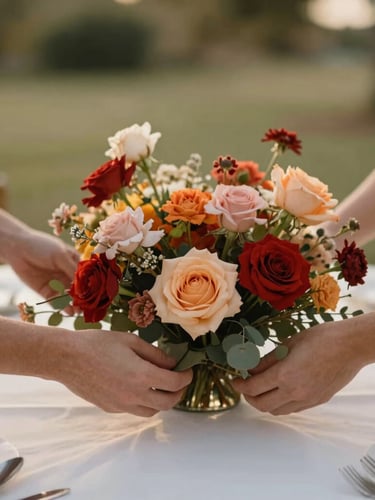 Portrait-oriented image of hands meticulously arranging a floral centerpiece on a white tablecloth, soft natural light, shallow depth of field, elegant and warm atmosphere, subtle background blur of an outdoor event.