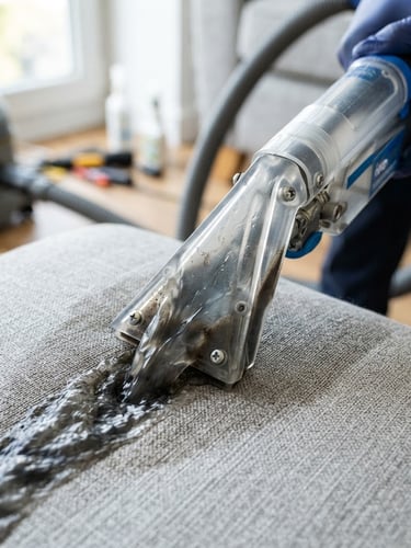 Macro shot of a high-tech extraction nozzle drawing dark water out of a light grey textured sofa fabric, crisp daylight, professional detailing gear visible