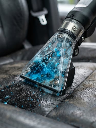 Macro shot of a high-tech German extraction nozzle deep cleaning a dark leather car seat, electric blue water droplets visible in the suction chamber, sharp focus, technical precision