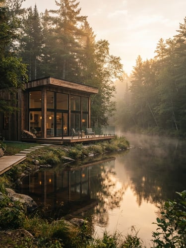 A striking modern cedar cabin with floor-to-ceiling glass windows reflecting the quiet river, surrounded by tall pine trees in soft morning mist, warm golden-hour light.