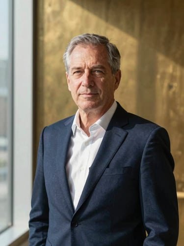 A sharp, side-lit professional portrait of a senior financial partner in a navy suit, warm brass background tones, 50mm lens, high-contrast daylight.