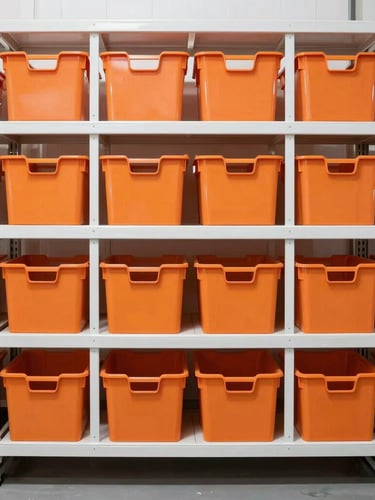 Straight-on clean industrial photograph of organized warehouse shelves with safety orange storage bins, bright high-key lighting, 35mm