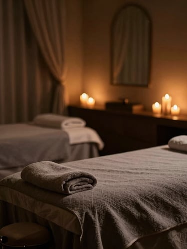 soft-focus environmental shot of a dimly lit luxury spa treatment room in Noida, warm candlelight filtering through sheer drapes, plush massage table with textured grey linens, deep shadows