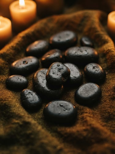 A close-up of dark basalt massage stones resting on textured organic linen, illuminated by soft golden candlelight, moody editorial photography, warm bronze tones