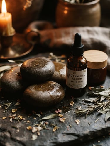 moody editorial photography, close-up of warm basalt stones and botanical oils on a dark textured surface, soft candlelight, deep shadows, warm bronze tones