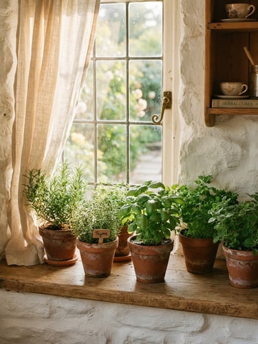 A medium close-up of a sunlit cottage windowsill, potted green herbs in terracotta pots, warm-toned wood shelves, soft morning light filtering through linen curtains, cozy atmosphere.