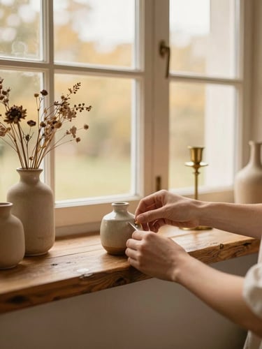 Hands gently styling a rustic wooden shelf with small ceramic vases, dried botanicals, and a brass candlestick under warm window light.