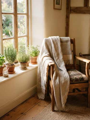 A sunlit cottage living room corner, linen throw blankets draped over a warm-toned wooden chair, potted herbs on a windowsill, golden-hour window light, shallow depth of field