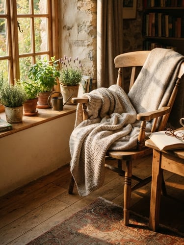 A sun-dappled reading corner in a cozy cottage, featuring a warm-toned wooden chair, soft linen blankets, potted herbs on a windowsill, and golden-hour light.