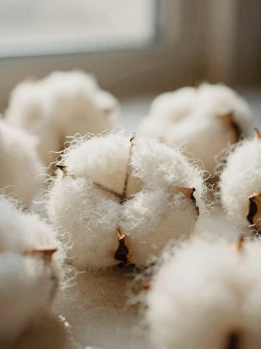 Extreme close-up of soft organic cotton fibers, warm morning sunlight, delicate cream and beige tones, shallow depth of field, 35mm photography