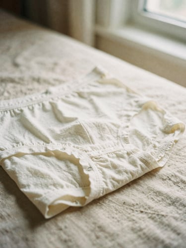 Soft film photography, close-up details of clean, folded organic cotton underwear on warm beige linen sheet, soft morning window light, 35mm.