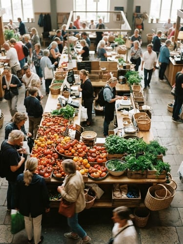 Overhead shot of a bustling modern food market hall, soft Scandinavian natural light, wooden stalls with colorful heaps of seasonal heirloom tomatoes and green herbs, shallow depth of field, 35mm