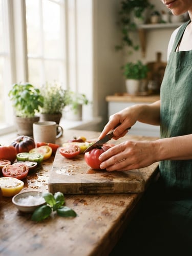 Soft natural scandinavian window light illuminating hands prepping raw heirloom tomatoes on a wooden table, warm editorial food photography, shallow depth of field, 35mm