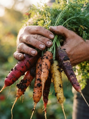Close-up of hands holding freshly harvested heirloom carrots with damp soil clinging to them, soft golden morning light, shallow depth of field, 35mm