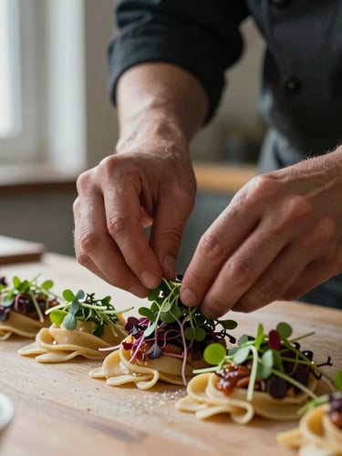 Close-up portrait of a chef's hands carefully placing microgreens on a steaming handmade pasta dish, moody kitchen lighting, soft directional window light, 35mm photography.