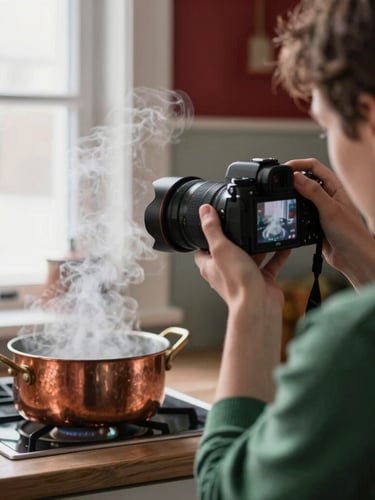 Candid over-the-shoulder view of a photographer using a professional camera to shoot steam rising from a fresh copper pot in a warm Scandinavian-style kitchen, natural window light, rich crimson and forest green accents, shallow depth of field, 35mm