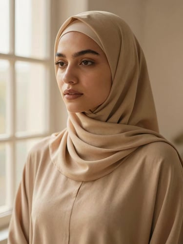 Close-up of a premium soft modal hijab in a warm sand tone, draped elegantly on a model with warm skin undertones, soft natural window lighting, 35mm photography
