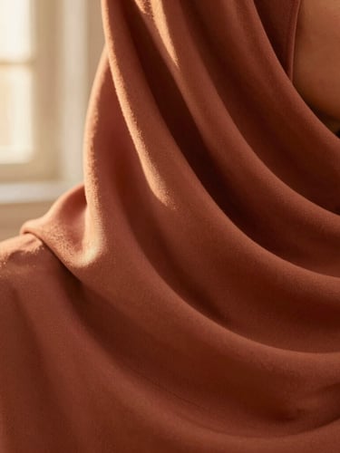 Close-up of premium soft modal hijab fabric in warm terracotta color, elegant drape, diffused golden hour lighting, 35mm