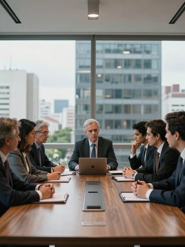 Wide architectural shot of a modern corporate office boardroom in São Paulo, cool natural daylight filtering through large windows, serious professionals in focused discussion around a wooden table, shallow depth of field.
