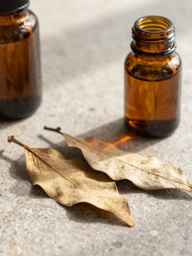 Macro shot of raw dried botanical leaves and amber glass jars on a textured stone surface, soft diffused morning light, natural shadows, editorial composition.