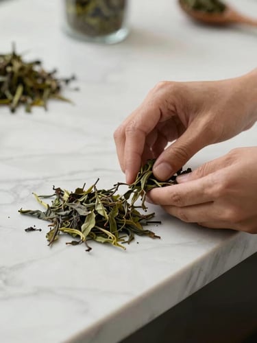 Hands carefully blending loose medicinal tea leaves on a clean marble counter inside a bright, minimalist atelier.
