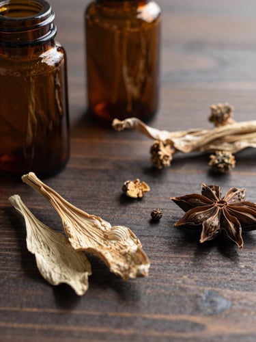 Macro shot of dried botanicals and amber glass jars on a dark wooden table, soft diffused daylight, natural shadows, editorial styling.