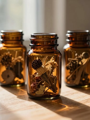 Tight macro shot of dried botanicals in amber glass jars on a clean wooden surface, soft morning light filtering through a window, natural shadows.