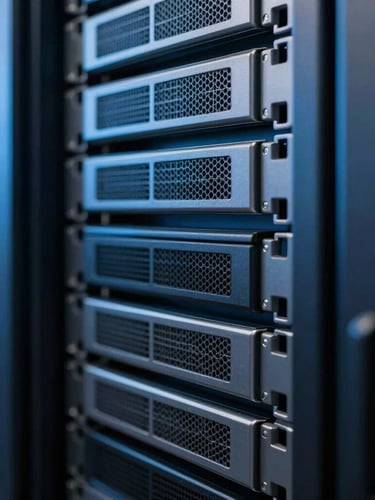 Tight macro shot of clean server racks in a cool-toned server room, sharp blue-tinted ambient light, high-contrast graphite tones, 35mm lens.