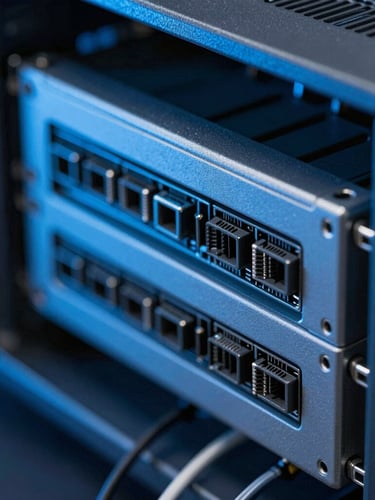 Macro close-up of high-performance server rack wiring, cool blue ambient studio lighting, sharp technical focus, 35mm lens