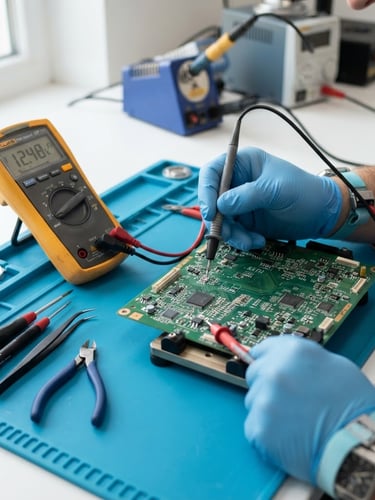 Close-up of a technician using a digital multimeter to test micro-components on a green circuit board, clean tools arranged on a blue work mat, bright natural daylight, 50mm.