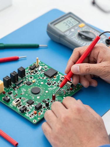 Hands of an electronics engineer using a digital multimeter probe on a green television motherboard, clean tools arranged on a blue ESD-safe work mat, bright daylight