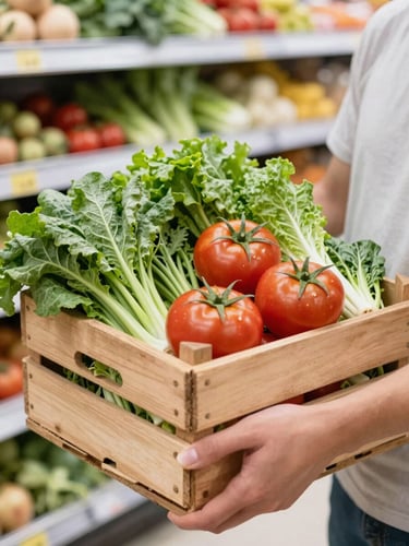 Warm editorial photography of hands holding a wooden crate full of fresh vibrant greens and tomatoes, bright natural daylight, 35mm