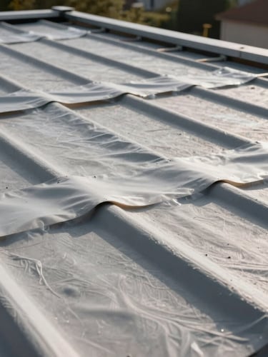 Vue rasante d'une toiture plate en cours de rénovation, membrane d'étanchéité gris anthracite parfaitement tendue, soudures nettes au chalumeau, lumière rasante du matin.
