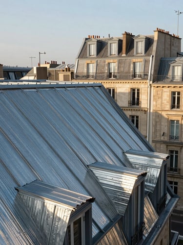 Vue en contre-plongée de feuilles de zinc plissées et assemblées avec précision sur un toit parisien, lumière rasante du matin.