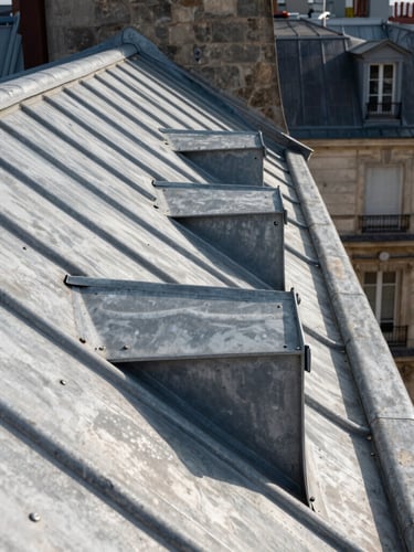 Vue en contre-plongée d'une toiture parisienne en zinc et ardoise sous une lumière matinale claire, lignes géométriques parfaites des tasseaux et joints debout.