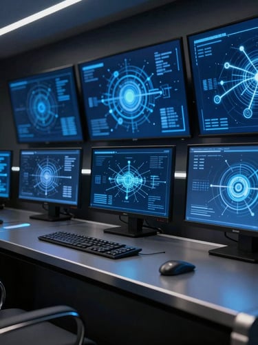 High-end corporate command center with abstract digital network schematics overlaying deep blue monitors, low-key lighting, sharp metallic details