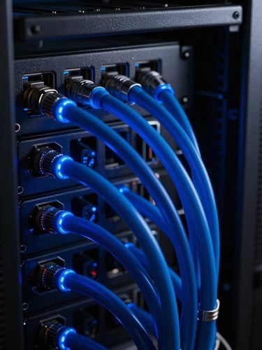 Macro photograph of deep blue glowing fiber optic cables running through a dark metallic server rack, high contrast, cinematic 35mm