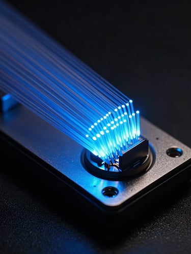 Macro close-up of a secure hardware security module with glowing electric blue fiber optics, low-key high-contrast technical studio lighting, cinematic 35mm